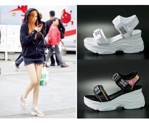 TB087 Thick Sole Velcro Waterproof Women Wedges Sequins